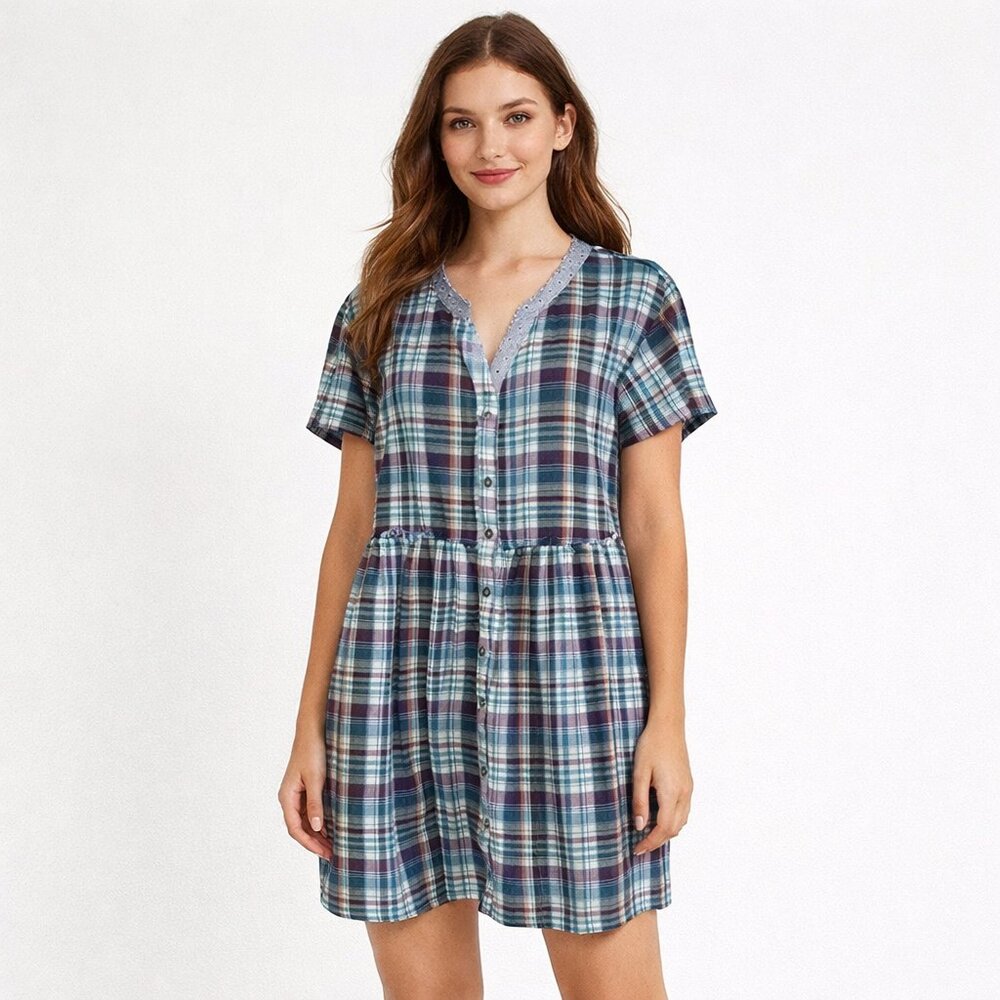 Hyku Women’s Medium Plaid Shirt Dress Cotton Casual Button-Down Summer Dress